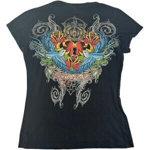 VTG y2k Women's Affliction Style Apprime Birds Heart Angel Wings T Shirt Size M